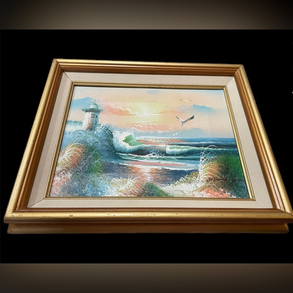 Antique Lighthouse Oil Painting Signed By Artist Rare Old